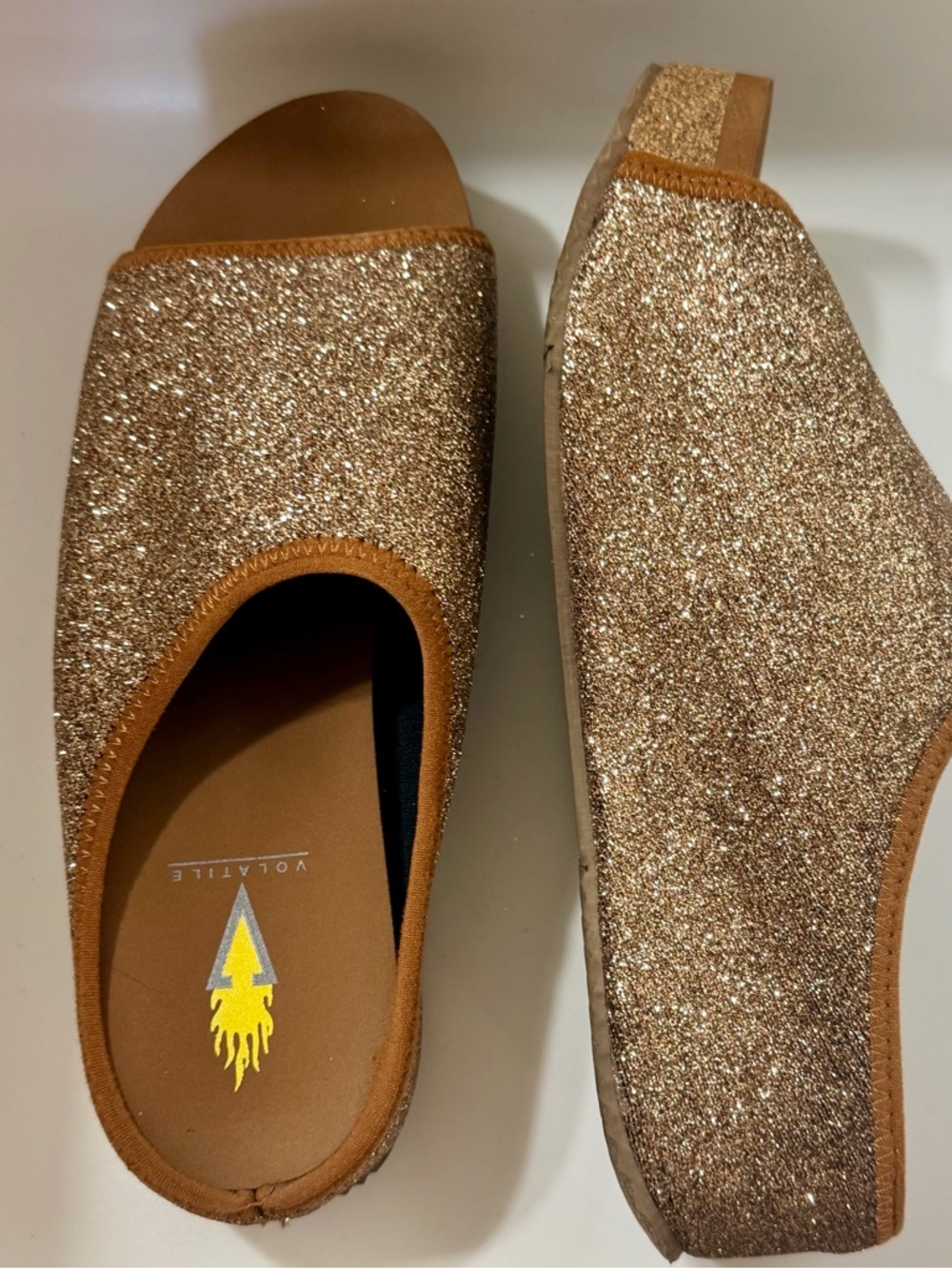 Volatile Women's Glitter Slide Sandals in Bronze